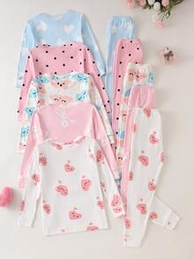 SHEIN (5套隨機發送 1套女童幼兒針織圓領長袖上衣與長褲 白色 藍色 粉色 雲朵愛心蝴蝶結卡通圖案 可愛簡約休閒舒適柔軟貼身家居服 適合四季) - 彩色 - 查看 2