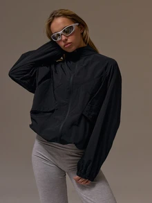 Musera Sport Funnel Neck Zip Through Panelled Cinch Bungee Hem Loose Oversized Fit Track Jacket Fall Winter Autumn Fitness Gym Pilates - Black - View 1