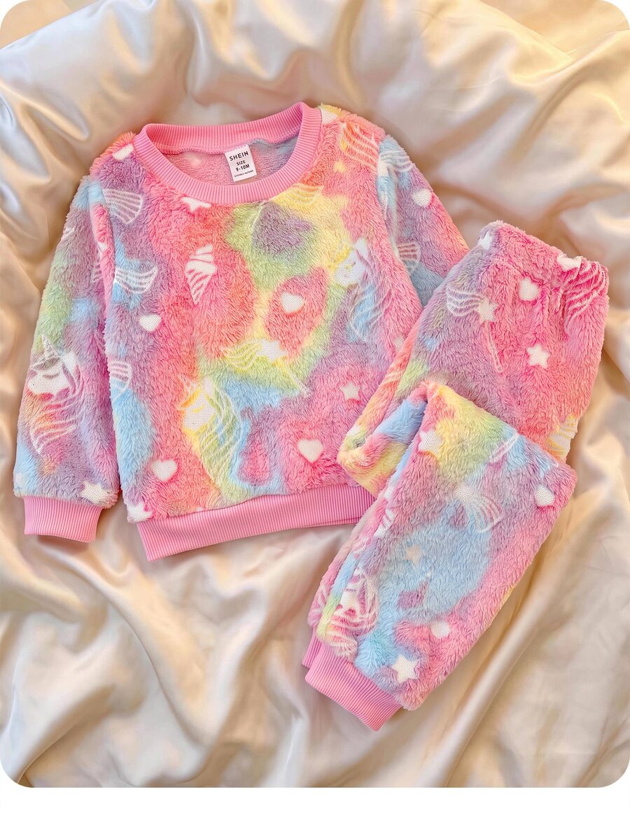 SHEIN Autumn/Winter Baby GirlCute Fluffy Colorful Loungewear Set - Pink - View 1