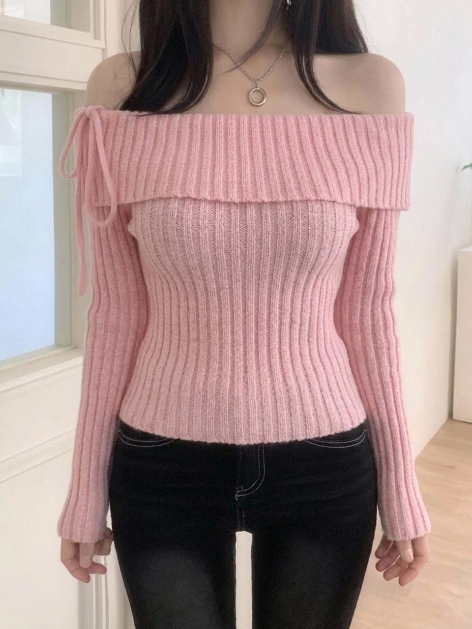 Solid Color Slim Fit Ribbed Long Sleeve Square Neck Tie Front Casual Vacation Korean Style Elegant Autumn/Winter Knit Sweater For Women