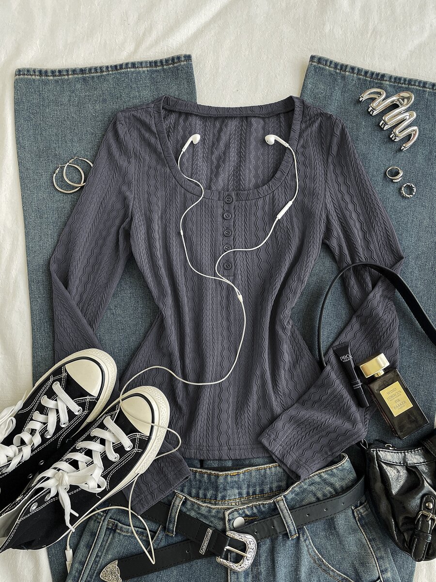 Attitoon Women's Korean Style Textured Button Long Sleeve T-Shirt For Daily Wear And Vacation - Grey - View 1