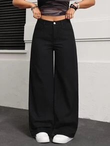 SHEIN Tall Women's Tall Loose Wide Leg Casual Washed Denim Jeans With Pockets - Black - View 7