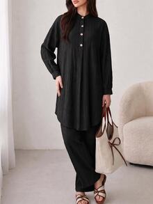 Solavon Solid Button Front Longline Blouse & Pants - Black - View 6