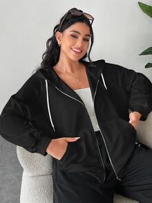 Solflare Autumn/Winter Casual Plus Size Women's Zip-Up Sweatshirt With Drawstring - Multicolor - View 3