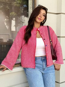 Easura Áo cardigan len dệt kim nữ size lớn, phong cách thường ngày, phối màu colorblock kẻ sọc, vai trễ - Đỏ - Xem 7