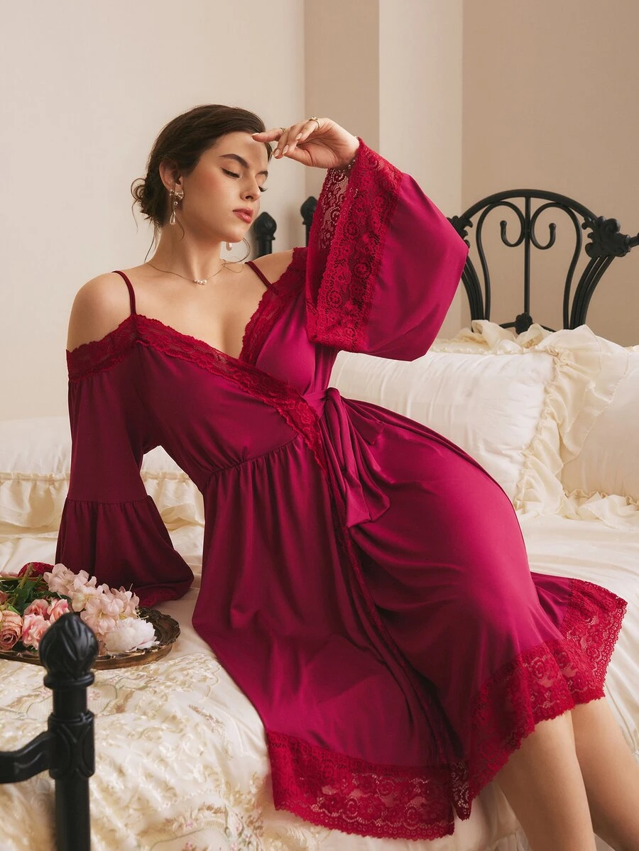 Côtesoire Elegant Sexy Romantic Off-Shoulder Deep V-Neck Lace Patchwork Tie-Up Knit Plus Size Nightgown - Burgundy - View 1