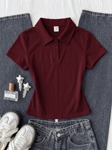 青少年女孩白色純色休閒極簡半拉鍊 Polo 領修身短袖 T 恤 - 紅色 - 查看 7