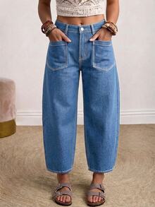 EMERY ROSE Quần jean denim nữ size lớn mặc thường ngày phong cách casual có túi và cúc - Màu xanh lam - Xem 3