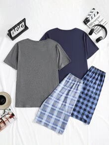 青少年男孩時尚休閒格紋印花短袖短褲牛奶絲面料居家服套裝 4件組 - 藏蓝色 - 查看 2