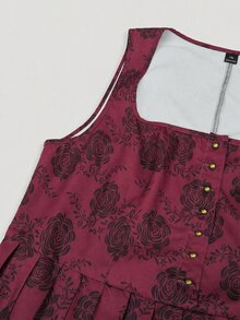 Fairmaia German Traditional Plus Size Women's Floral Print Square Neck Sleeveless Dress - Burgundy - View 5