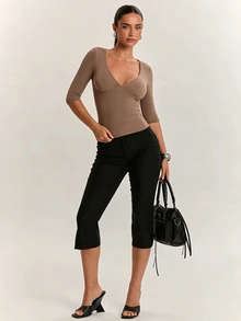 SHEIN BAE 女款柔軟舒適羊絨長袖上衣，適合日常外出、返校、通勤與辦公穿著 - 卡其色 - 查看 4