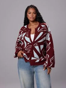Rustia Plus Size Women's Geometric Pattern Drop Shoulder Long Sleeve Single-Breasted Casual Knit Cardigan Winter - Multicolor - View 4