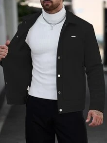 Manfinity CasualCool 男士素色休閒街頭風長袖外套，秋季黑色鈕扣外套，適合度假派對 - 黑色 - 查看 4