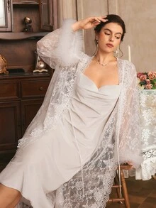 Côtesoire Plus Size Women's Lace Long Sleeve Robe And Camisole Nightgown Elegant Sleepwear Set - White - View 6