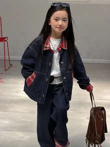 DAZY Tween Girl Patchwork Plaid Cuff Single-Breasted Denim Jacket And Jeans Casual Set - Dark Wash - View 1