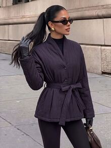 Firerie Cozy Women Winter Coat Designed With Vertical Quilted Patterns Long Sleeves And An Adjustable Waist Belt For Daily Wear Outfits - Purple - View 6