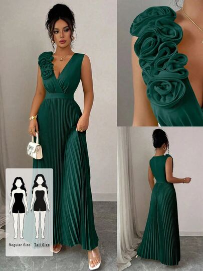 SHEIN Tall Tall V-Neck 3D Floral Dark Green Elegant Vintage Casual Cute Pleated Dress For Party And Gathering