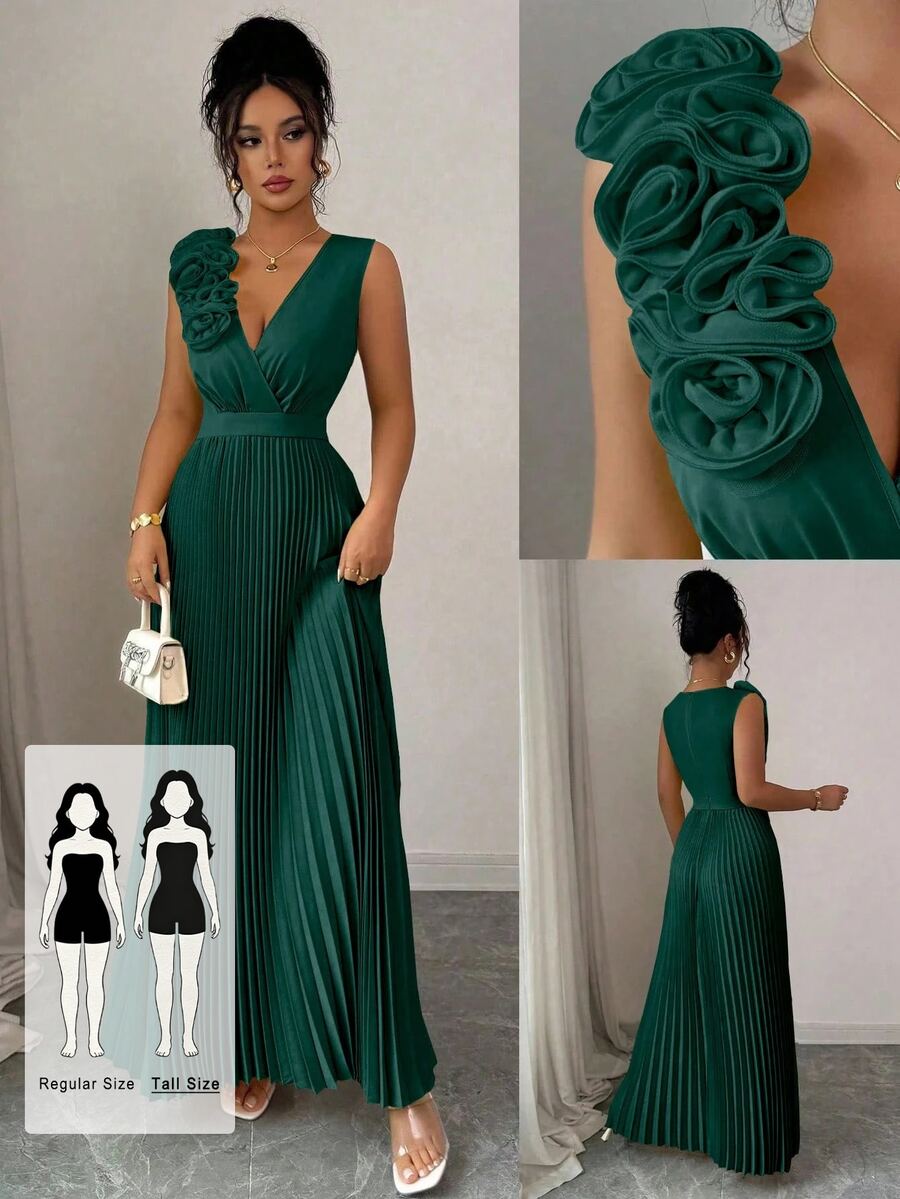 SHEIN Tall Tall V-Neck 3D Floral Dark Green Elegant Vintage Casual Cute Pleated Dress For Party And Gathering - Dark Green - View 1