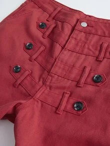 ROMWE MEN Jeans de mezclilla casuales para hombre con diseño de botones y patrón cruzado - Rojo - Ver 7