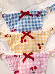 PetitDoll مجموعة 3 قطع من سراويل داخلية نسائية بتصميم فيونكة وطبعة كرز مربعات - متعدد الألوان - مشاهدة 3