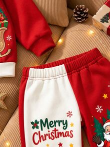 男童 (小號) 運動衫套裝，紅白色上衣印有聖誕老人坐雪橇圖案與「Merry Christmas」文字，雪花與星星裝飾，搭配紅白配色長褲，相同聖誕印花，羅紋袖口與下擺 - 彩色 - 查看 5