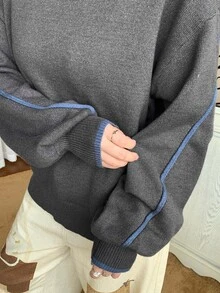 Dazy Plus Dark Gray Color Block Blue Trim Crew Neck Drop Shoulder Long Sleeve Loose Casual Versatile Sweater Autumn - Dark Grey - View 1