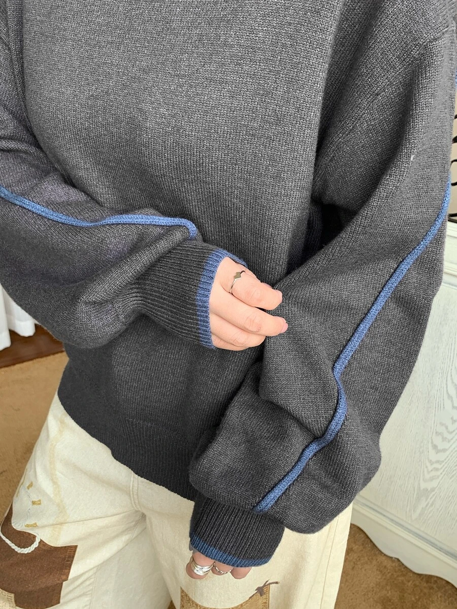 Dazy Plus Dark Gray Color Block Blue Trim Crew Neck Drop Shoulder Long Sleeve Loose Casual Versatile Sweater Autumn - Dark Grey - View 1