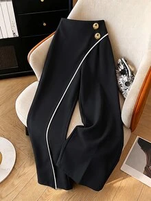Modelyn Niche Design Black Wide Leg Pants For Women With 2 Gold Buttons Contrast Color Line Drape Suit Pants Slimming Long Pants - Black - View 4