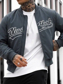 Manfinity Homme Men's Letter Graphic Long Sleeve Zip-Up Casual Baseball Jacket - Dark Grey - View 1