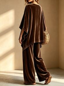 Zayélia Women's 2 Pieces Set, Autumn/Winter 2 Pieces Set, Velvet Set - Coffee Brown - View 3