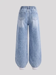 SHEIN Girls Y2K Sweet & Cool Style Washed Light Blue High Waist Elastic Straight Leg Wide Leg Jeans With Large Distressed Ripped Design, Pink Bow Decor, Versatile Streetwear Fashion Denim Pants - Medium Wash - View 2