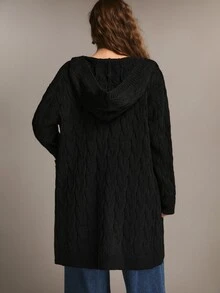 Freevana Women's Open Front Hooded Cardigan - Solid Color Black Cable Knit Sweater - Long Coats - Black - View 2