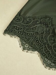 GlowEve 女款半高領長袖洋裝，抓皺高腰蕾絲拼接迷你洋裝，通勤派對奢華修身貼身洋裝 - 軍綠色 - 查看 5
