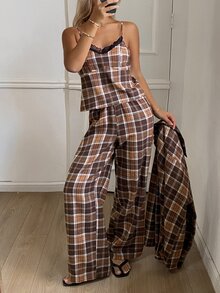 DAZY Women's Plaid Long Sleeve Top, Camisole And Pants Pajama Set - Coffee Brown - View 1