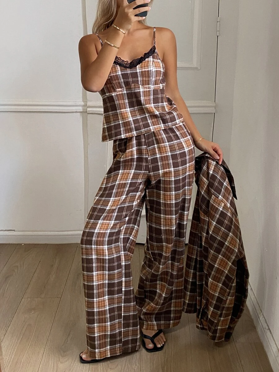 DAZY Women's Plaid Long Sleeve Top, Camisole And Pants Pajama Set - Coffee Brown - View 1