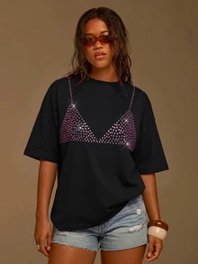 Athîral Women's Oversized Black Tee,Rhinestone Embellished,Crew Neck,Bikini Motif,Summer,Statement Dressing,Edgy Glam,Vacation Daily Night Out,T-Shirt - Black - View 4