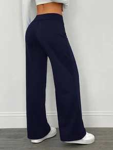 SHEIN PETITE 2pcs Women's Casual Minimalist High Waist Folded Wide Leg Straight Long Pants Suitable For Summer - Multicolor - View 3