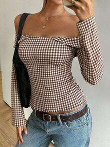 Easura Atmospheric Off-Shoulder Side Slit Plaid Women's Commuter Elegant Daily Avant-Garde Blouse - Multicolor - View 3