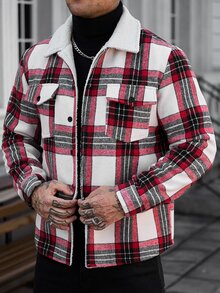 Manfinity CasualCool 男士格紋長袖單排扣休閒工裝口袋夾克，秋冬法蘭絨外套，送給男友與丈夫的完美節日禮物 - 彩色 - 查看 1
