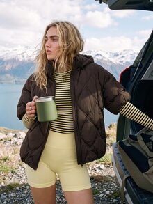 WanderVale Women's Quilted, Detachable Hood, Short Sleeve Batwing Sleeve Padded Coat, ,Brown, Diamond Stitch, Zip Up, Outdoor Fall Winter. - Coffee Brown - View 5