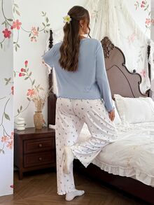 CottageSlumber Romantic Small Ditsy Floral Fine Ribbed Open Front LOVE Letter Embroidery Plus Size Long Sleeve Pajama Set - Blue - View 3