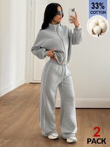 Coolane Women's Fall/Winter Basic Grey Casual Gym Two Pieces Outfits 33%Cotton Streetwear Sportswear Zip Front Hoodie & Drawstring Pants Banded Texture Set - Grey - View 4