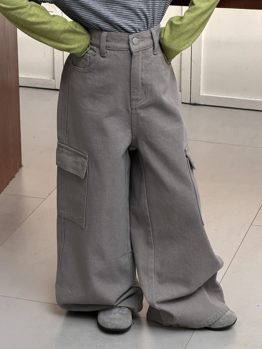 Dazy Kids Celana Jeans Denim Kasual Sehari-hari untuk Anak Perempuan Remaja dengan Saku dan Kancing - Light Grey - View 1