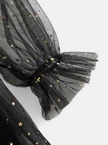 Pitira Gaun Anak Perempuan Remaja Warna Hitam, Modis, Elegan dengan Motif Bintang dan Bulan Emas, Lengan Panjang Jala, Cocok untuk Halloween atau Pesta. - Hitam - View 4