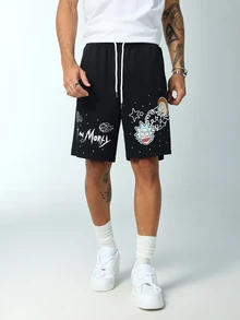 Rick and Morty X SHEIN Celana Pendek Kasual Pria dengan Tali Serut di Pinggang dan Kantong - Hitam - View 8
