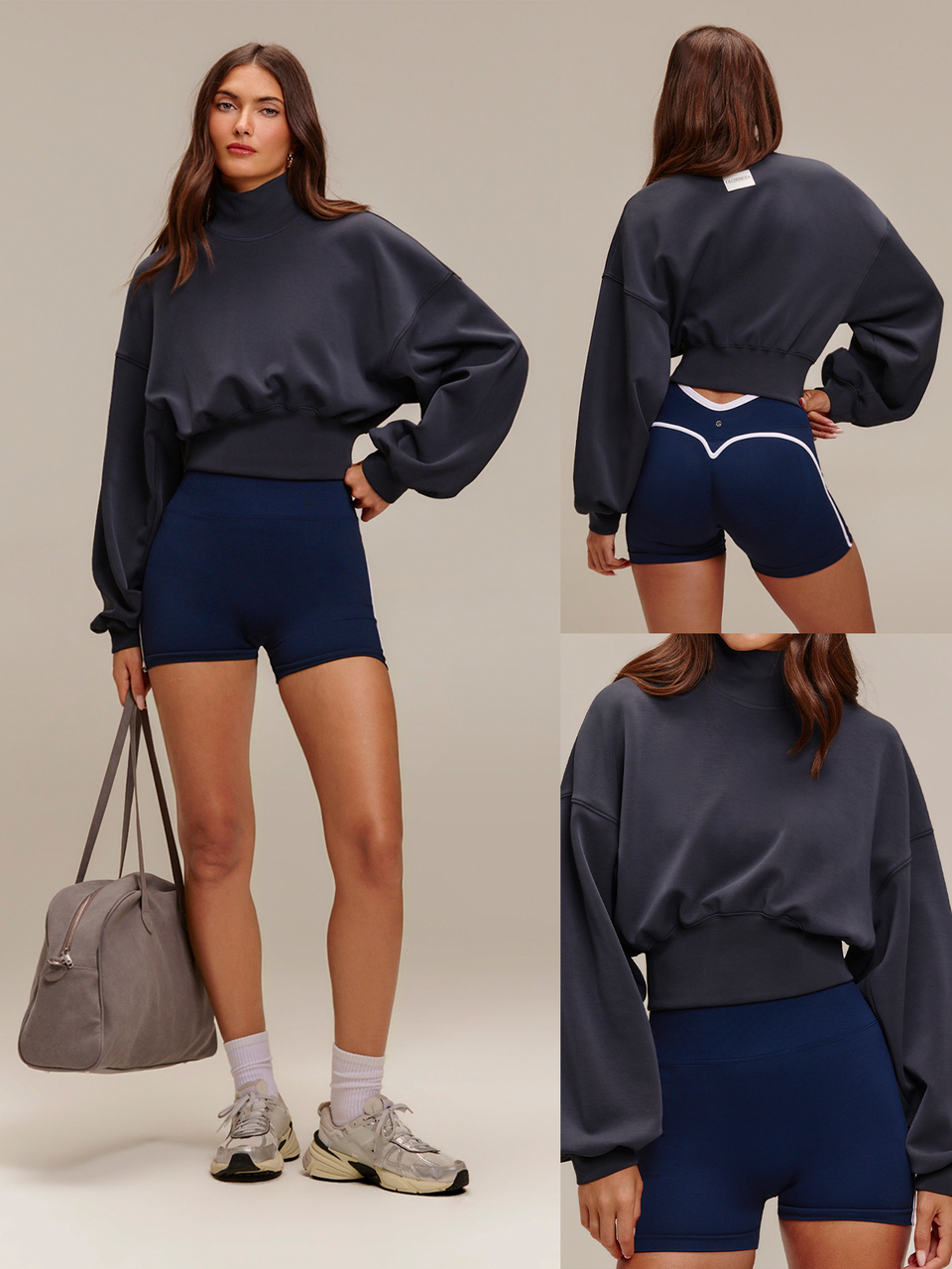 Modal Soft Warm Curved Bubble Hem Waist Length Oversized Ribbed Cuffs High Neck Pullover Sweatshirt Daily