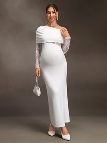 Cheriluna Maternity Maternity White Knit Contrast Lace Elegant Dress For Photography - White - View 7
