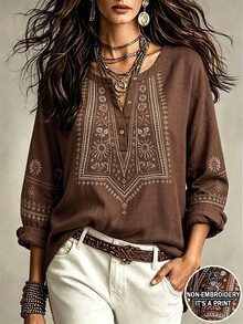 Linhara CURVE Plus Size Women's Woven Printed V-Neck Long-Sleeved Fall Shirt - Brown - View 1