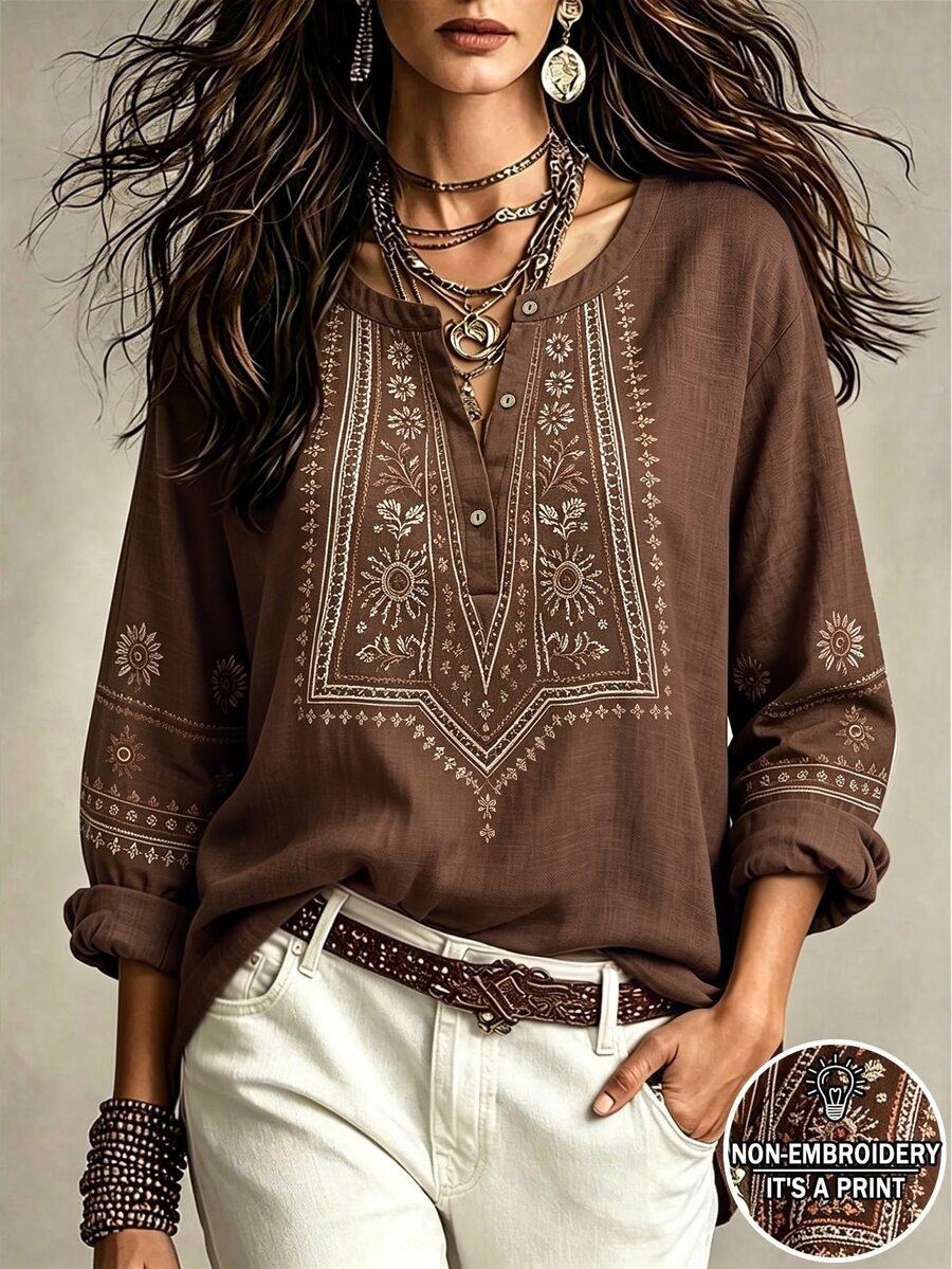 Linhara CURVE Plus Size Women's Woven Printed V-Neck Long-Sleeved Fall Shirt - Brown - View 1