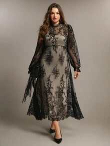 Freevana Plus Size Romantic Elegant Knitted Long Dress For Women - Black - View 4